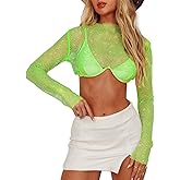 BEJONS Women Rhinestone Top Black Mesh Chain Fishnet Long Sleeve Outfit - Sparkly Crystal Rave Crop Shirt