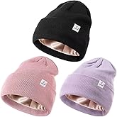 3 Pack Satin Lined Winter Beanie Hats for Women Men,Silk Lined Womens Beanies Knit Soft Warm Cuffed Hat