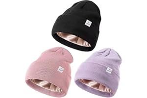 3 Pack Satin Lined Winter Beanie Hats,Silk Lined Beanie Knit Soft Warm Cuffed Hat for Women Men