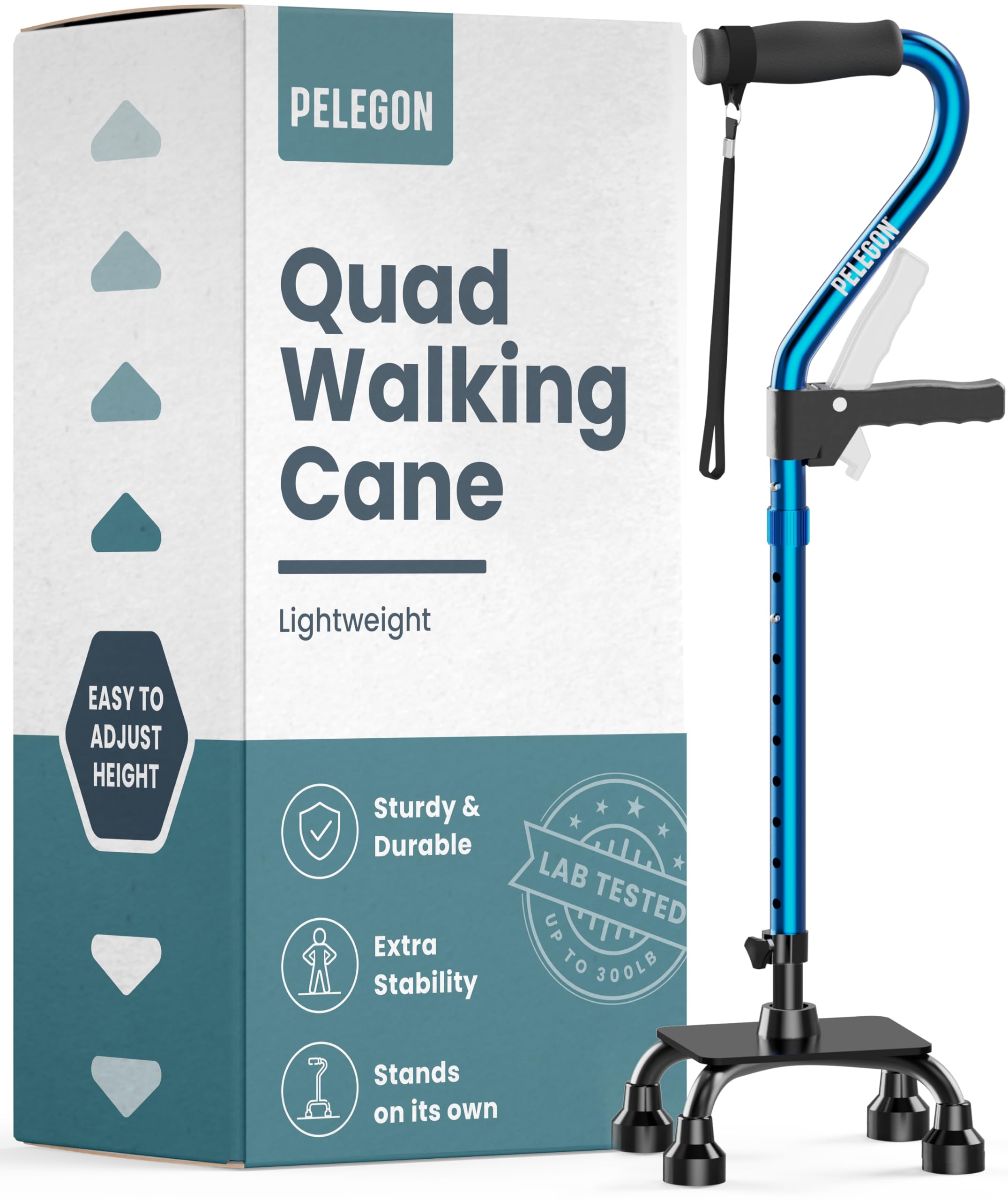 Photo 1 of PELEGON Quad Cane (300LB) - Adjustable Walking Cane with A Large 4 Pronged Base for Extra Balance & Stability, Walking Canes for Seniors, Walking Cane for Men & Women, Walking Sticks (Blue)