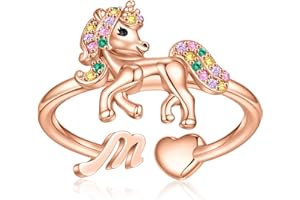 EXQUJEW Unicorn Initial Rings for Teen Girls, Rose Gold/White Gold Plated Heart Initial Rings for Girls Adjustable Stackable Rings for Women Diny Heart Ring for Teen Girls Gifts Unicorns Gifts for Girls