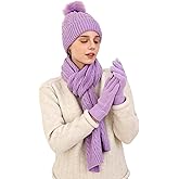 Double Couple 3pcs Winter Women scarf and hat and Touch Screen Gloves Set for Women Knit Hat with Faux Fur Ball Scarves Glove