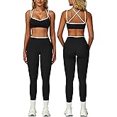 QBGJTD Womens Workout Set Two Piece Spaghetti Straps Color Block Sports Bra Matching High Waist Leggings Gym Work Out Outfits