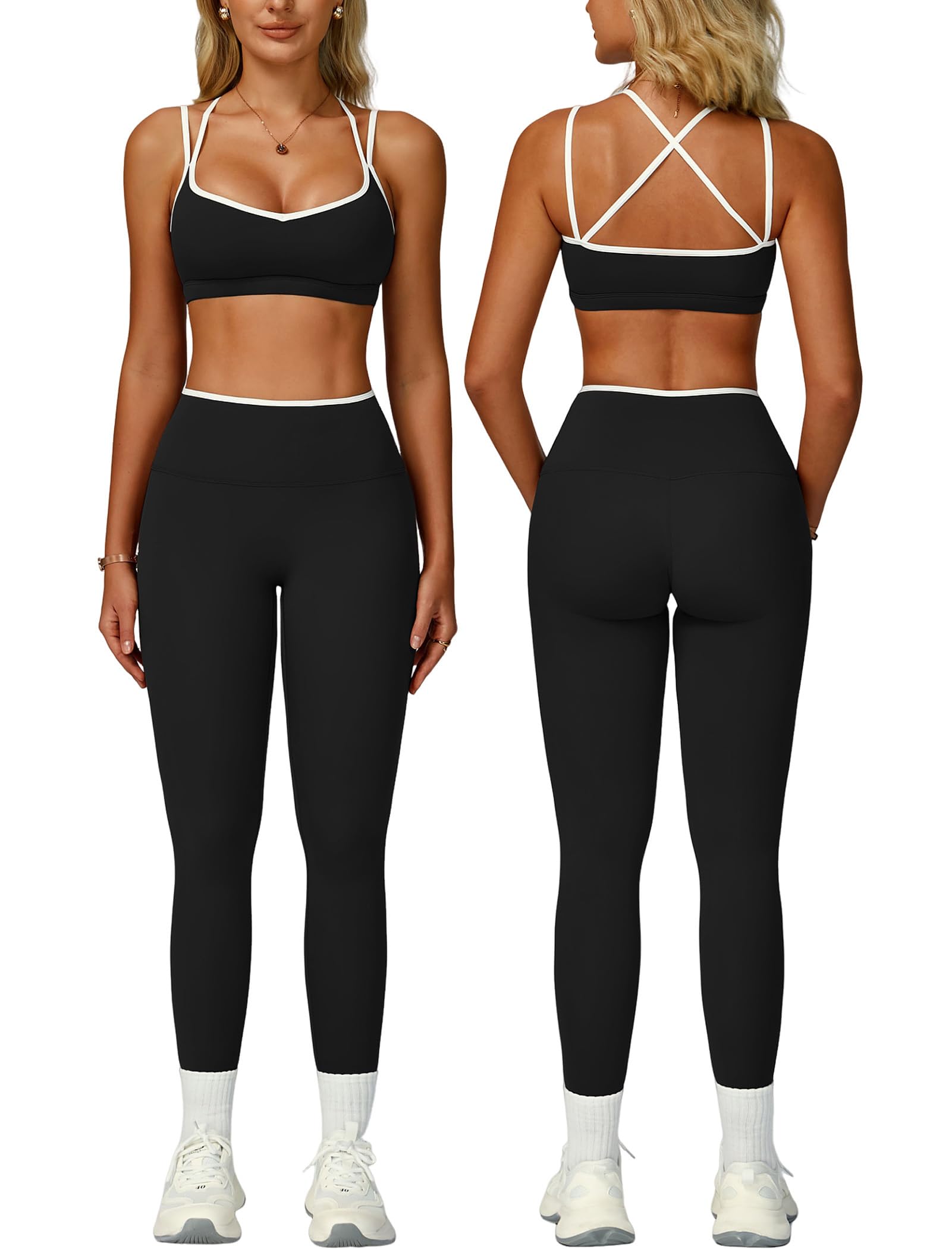 Photo 1 of **TOP ONLY**
Womens Workout Sets Two Piece Cami Straps Cross Back Color Block Sports Bras Matching Tummy Control High Waist Leggings 2 Piece for Women Gym Yoga Active Wear Outfits Athletic Work Out Set Black M