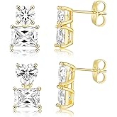 MDFUN 18K Yellow Gold-Plated Cubic Zirconia Stud Earrings for Women – 2 Pairs Round Heart Rectangle CZ Hypoallergenic Earrings