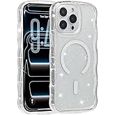 Yetagso Curly Wave Glitter Magnetic Phone Case for iPhone 16 Pro Max,Cute Wavy Design Shiny Sparkle Shimmer Protective Phone Cover for Women Girl,Compatible with MagSafe,Glitter/Clear