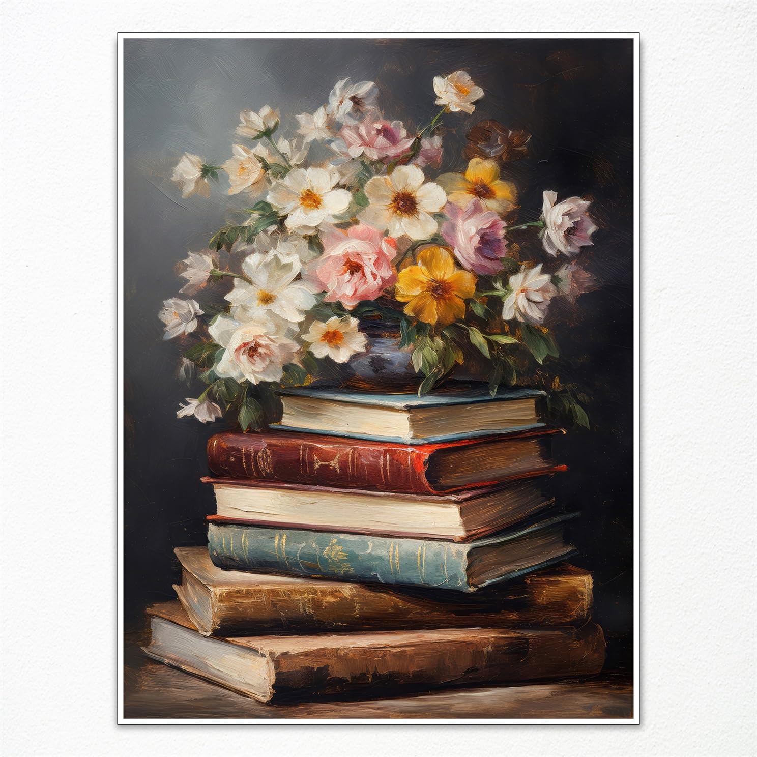 Anslipswar Moody Flower Books Canvas Wall Art, Spring Colorful Wildflowers Poster for Room Aesthetic, Dark Academia Floral Art Decor, Vintage Easter Flower Painting for Bedroom 12x16in Unframed