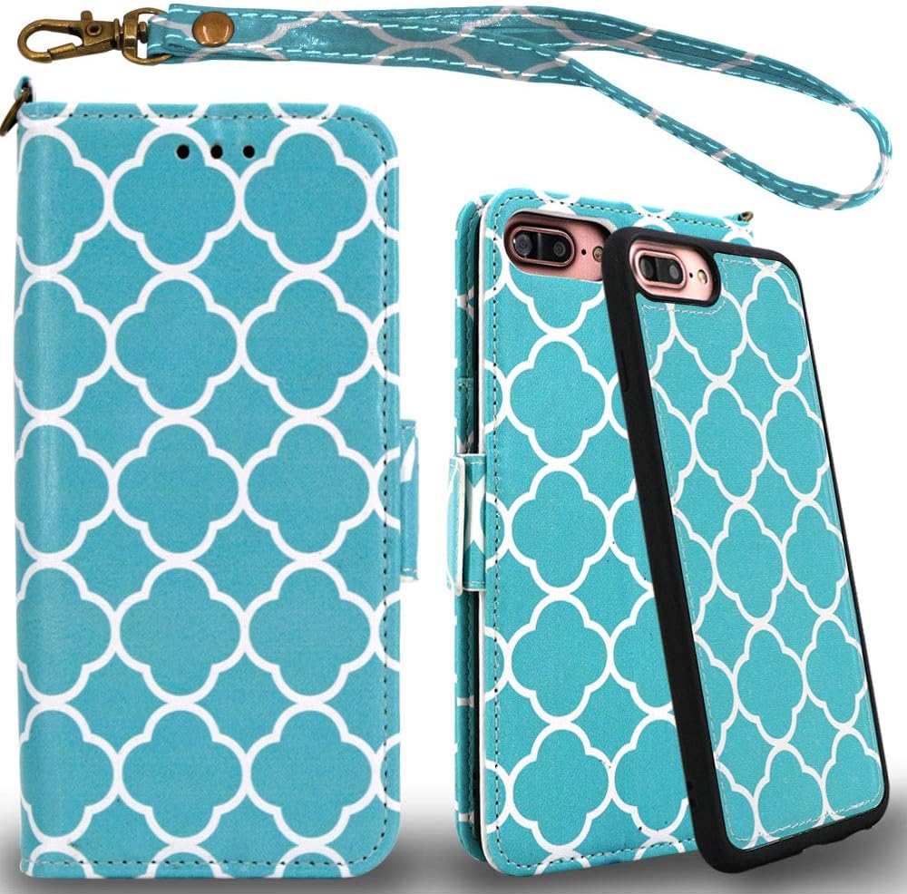 Mefon Detachable Leather Wallet Case, with Tempered Glass and Wrist Strap, Enhanced Magnetic Closure, Durable Slim, Luxury Flip Folio Cases for Apple iPhone 8/7 Plus, 6S / 6 Plus (Aqua Quatrefoil)