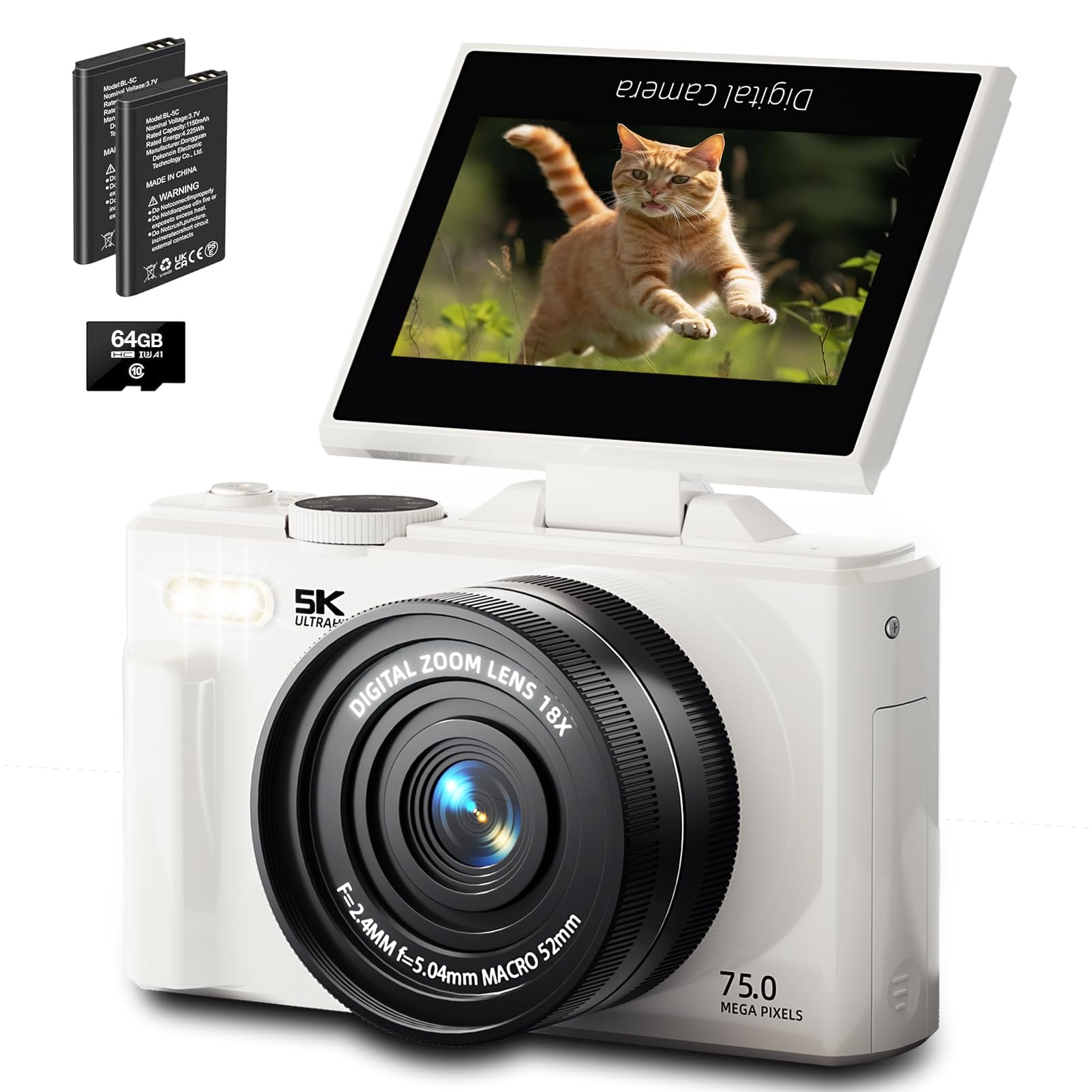 Photo 1 of 5K Digital Camera for Photography, Upgraded 75MP Autofocus WiFi Vlogging Camera for YouTube with 3" 180° Flip Screen, 18X Zoom, UHD Compact Travel Cameras with 64GB Card, 2 Batteries