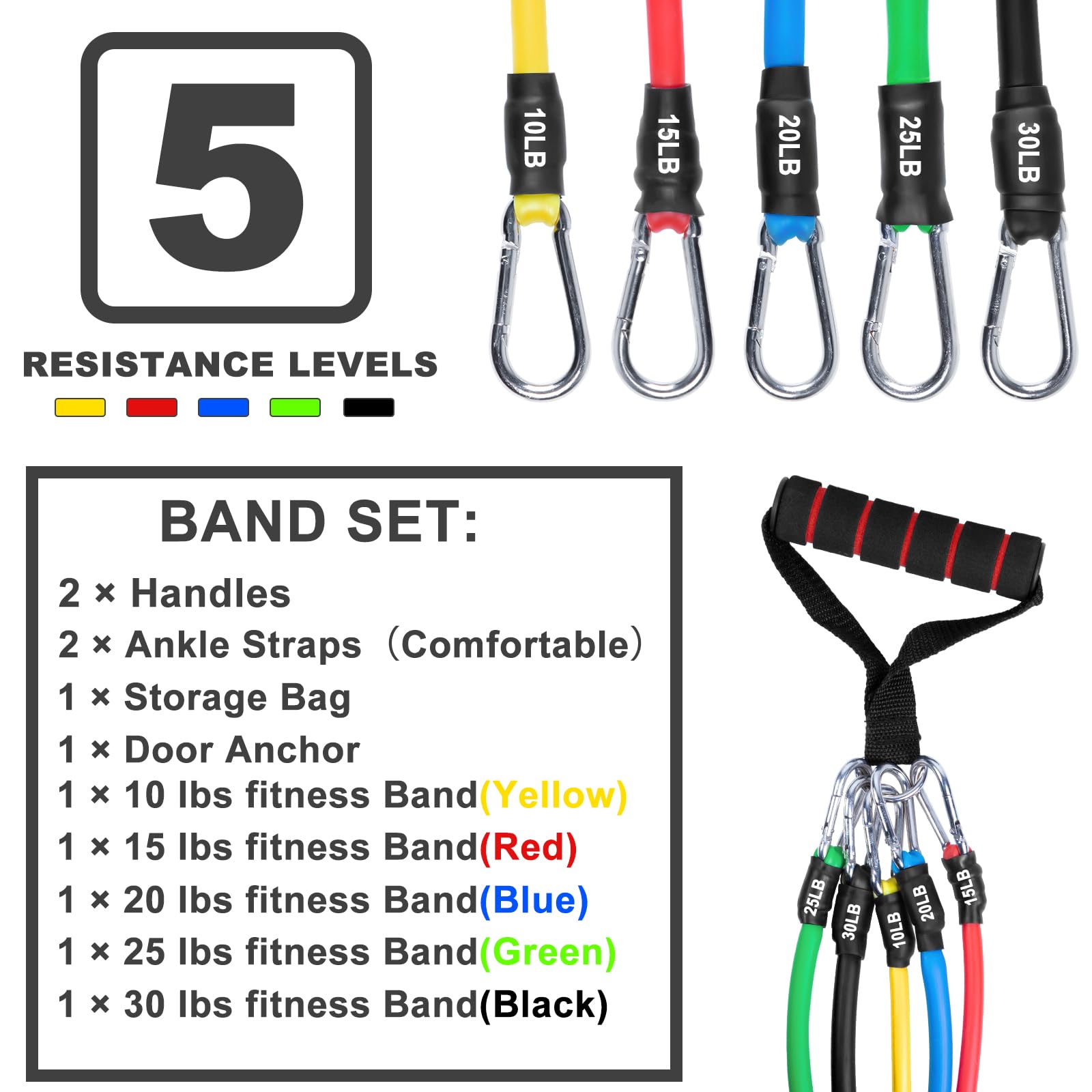 Resistance Bands Set, Workout Bands with Handles, Door Anchor, Ankle Straps and Carry Bag, Exercise Bands for Shape Body and Home Workouts