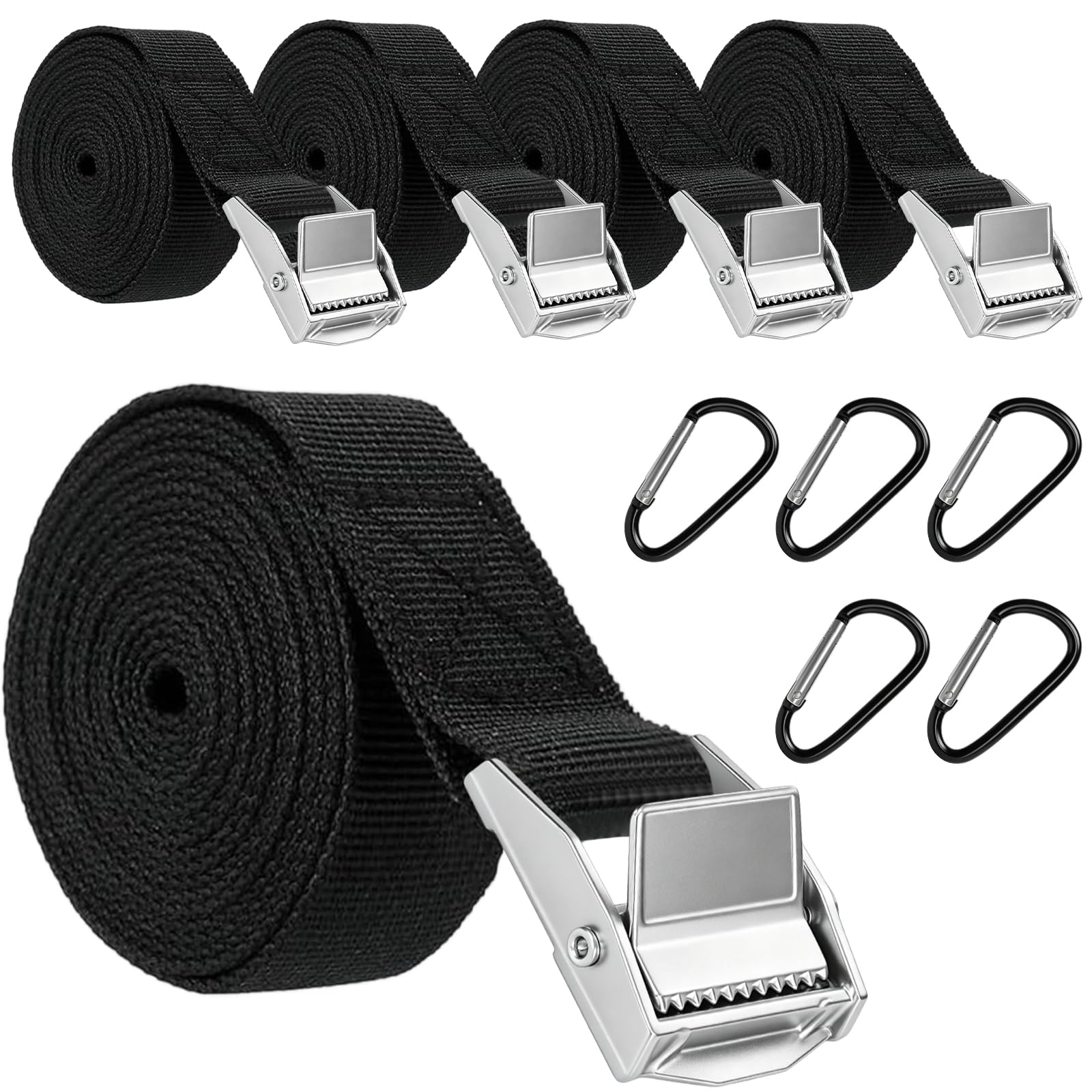 5PCS Tie Down Straps,1.5Mx25MM Tensioning Belts with 5 Carabiner Clip, Mini Adjustable Lashing Straps with Buckles, Small Cam Buckle Straps for Cargo,Luggage Suitcase,Motorcycle,Bike, Rack Roof,Black