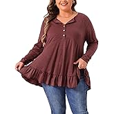 Agnes Orinda Plus Size Tunic Tops for Women Button Henley V Neck Long Sleeve Ruffled Hem Swing Flowy Blouses