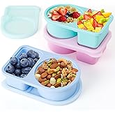FUYXINGXY 3 Pack Reusable Silicone Snack Containers with Lids, 8.5 OZ Double Compartment Snackle Box for Kids, Leakproof Small Snack Packs Container for Salad Dressing, School, Office, Travel, Picnic