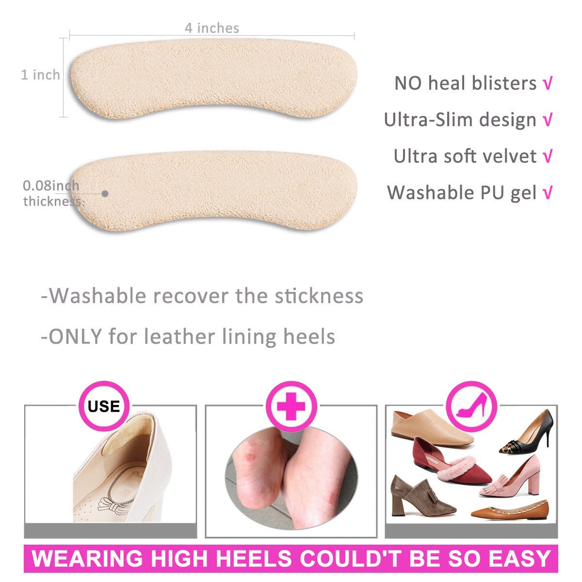 High Heel Pads Heel Liner Back Heel Cushion Inserts Snugs for Women Prevent Blisters Relax Pain