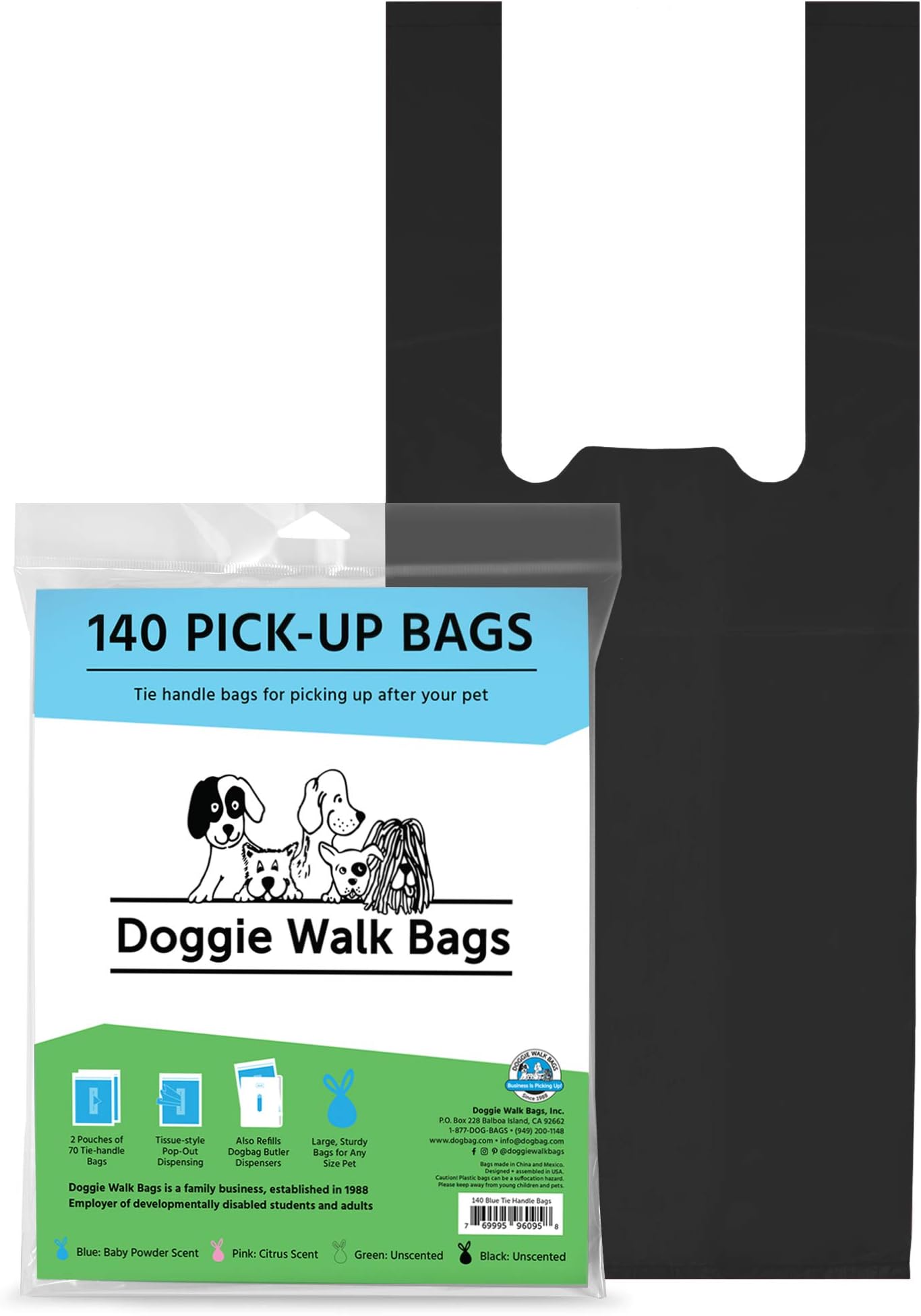 140 Dog Poop Bags, Scented/Unscented, Easy Tie Handles, Extra Large, Not on A Roll, Easy Dispensing One-at-A-Time, Butler Refill Pouches, Thick, Leak Proof, 7 x 5 x 17