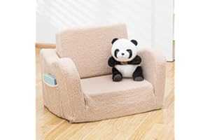 SUFUS Toddler Baby Chair Couch Sofa Kids Foldable 2-in-1 Sherpa Fold Out Couch Bed Toddler Chairs Comfy for Boys & Girls Convertible Kids Furniture Sofa to Lounger for Playroom with Double Pockets, Camel