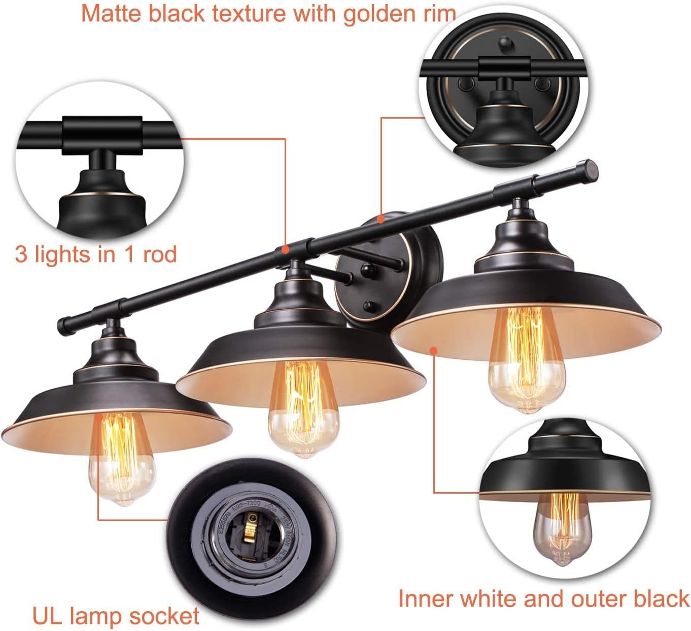 Farmhouse Rustic Style Vintage 3-Lights Vanity Wall Sconce Lighting, Elibbren E26 Base Metal Matte Black Industrial Bathroom Wall Light Fixture for Bathroom Vanity Mirror Cabinets Dressing Table - - 