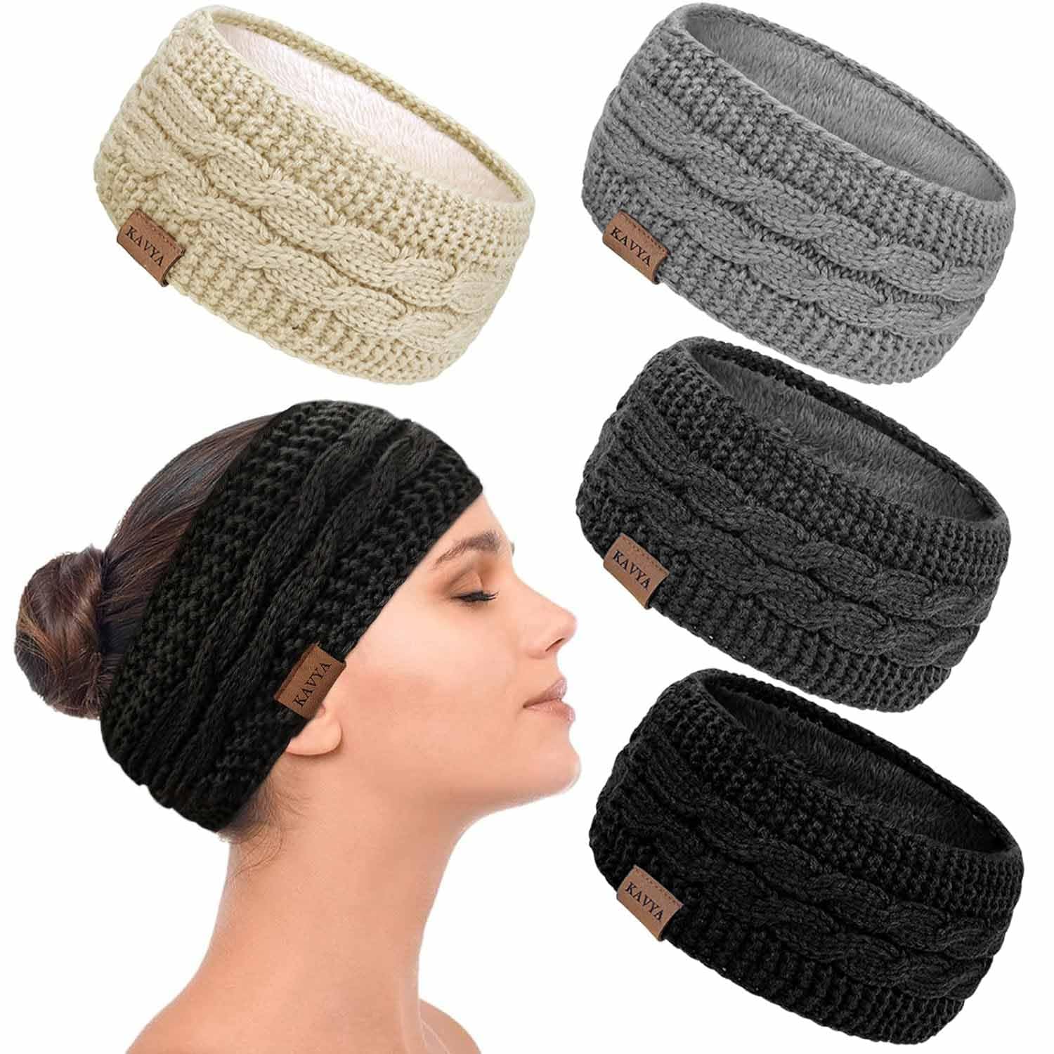 Kavya Winter Headbands for Women's Hair, Knitted Headband Soft Lining Cable Ear Warmers Comfy Ear Muffs Crochet Ladies Head Band Ski Walks Gifts for Women Girl