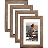 KINLINK 4x6 Frame Brown Wood, Solid Wood 4 x 6 Picture Frame with Acrylic Plexiglass for 3.5x5 with Mat, Tabletop and Wall Display Photo Frames 4x6 Brown Wood, 4 Pack
