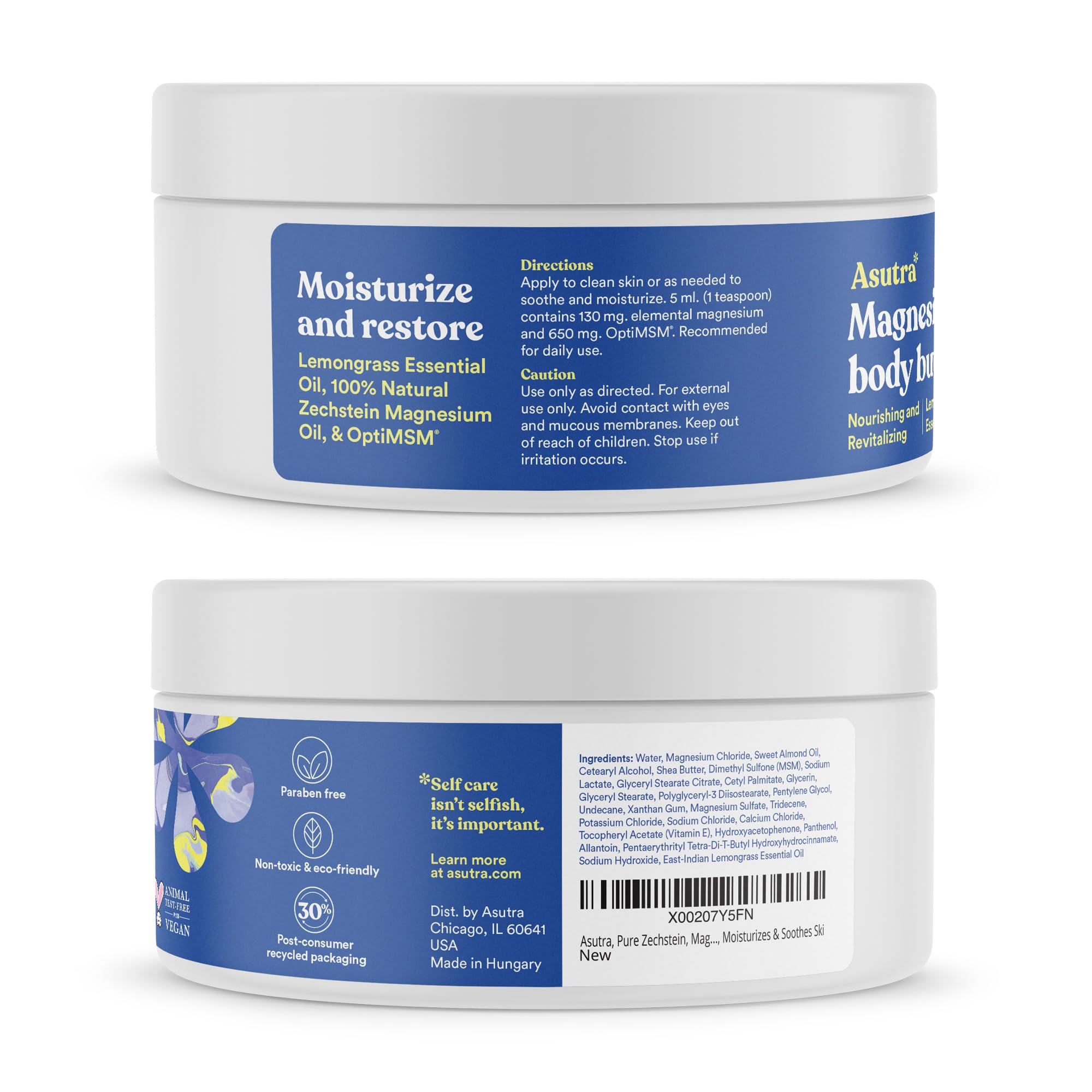 ASUTRA Magnesium Body Butter Lotion, 6.76 oz, Soothing Shea Butter & Almond Oil Moisturizer, Premium-Quality Magnesium, Lemongrass Essential Oil
