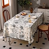 F-CHU Boho Tassel Tablecloth Cotton Linen Floral Tablecloths for Dining Room, Indoor and Dining Table Covers Home Decor, Rectangular Tablecloth 60 x 86 inches,Black