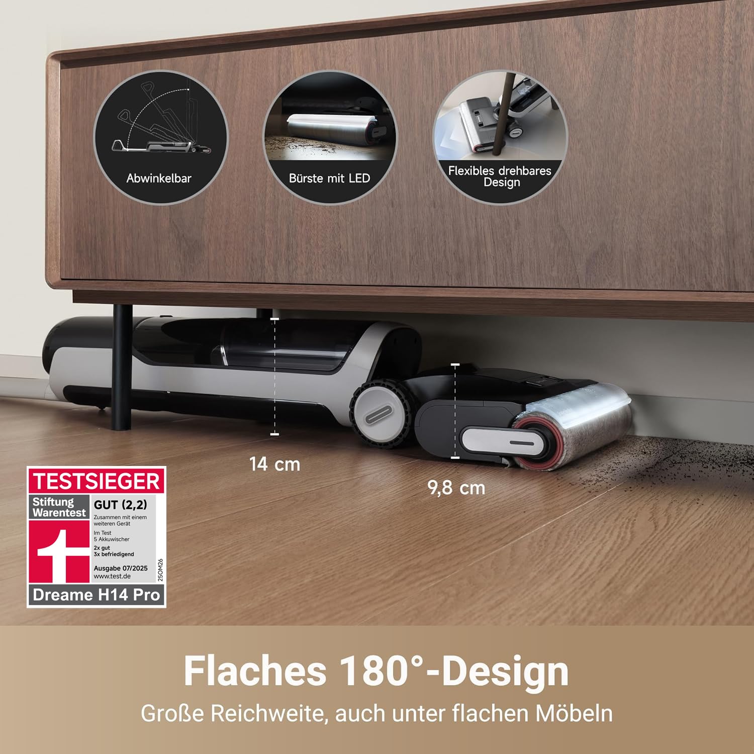 dreame H14 Pro Nass- und Trockensauger, 180° Lie-Flat, 60 °C Bürstenpflege, 5-min Trocknung, automatische Lösungsmittelverteilung, App-Steuerung, Doppelrotationsbürste, 18.000Pa Saugkraft, Doppelkante 2