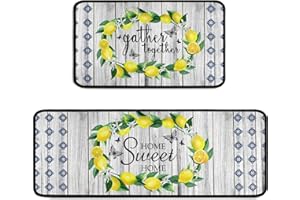 Sunopas Lemon Kitchen Rug 2 Pieces Set, Washable Non-Slip Kitchen Sink Farmhouse Decor Carpet, Home Water Absorb Microfiber Cushioned Kitchen Floor Standing Mats 17"x47"+17"x30"