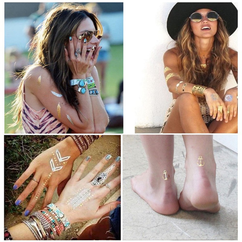 Tattoo Tätowierung Metallic Tattoos Temporäre Tattoo Aufkleber Glitzer Tattoo 10 Sheets für Frauen Jugendliche Mädchen (Silber Gold)