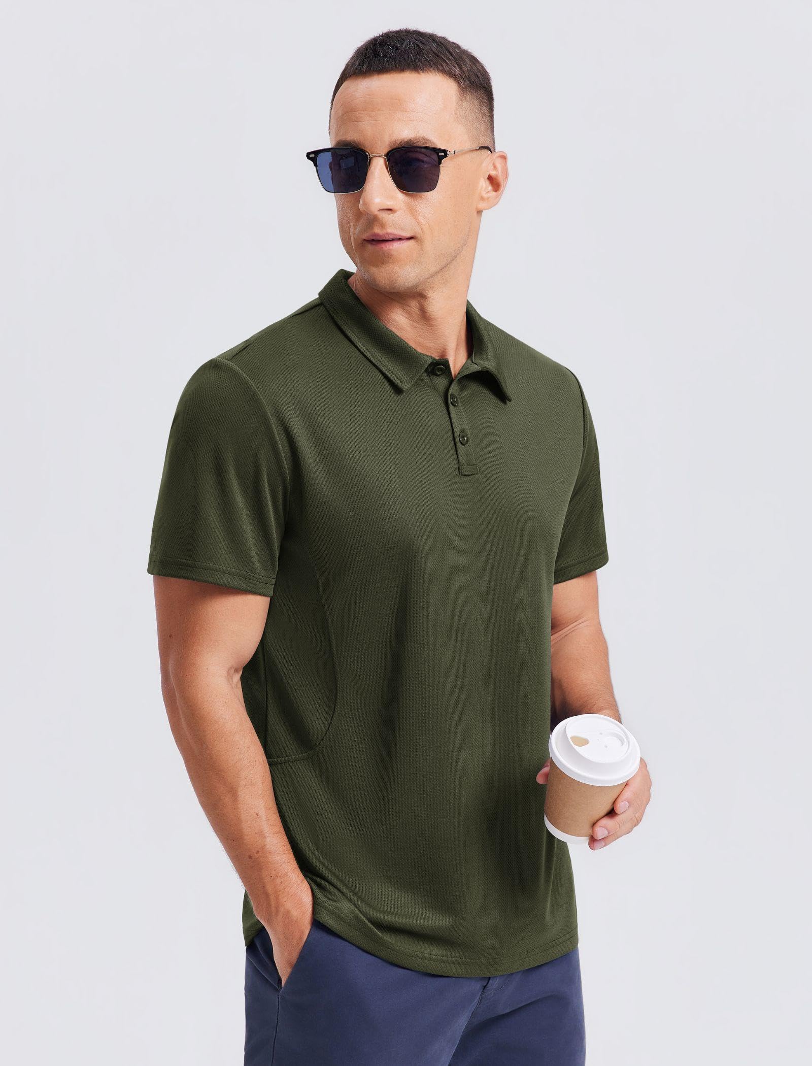 PINSPARK Men's Polo Shirts 3 Button Quick Dry Performance Collared Casual Shirt Short Sleeve Golf Polos for Men Army Green