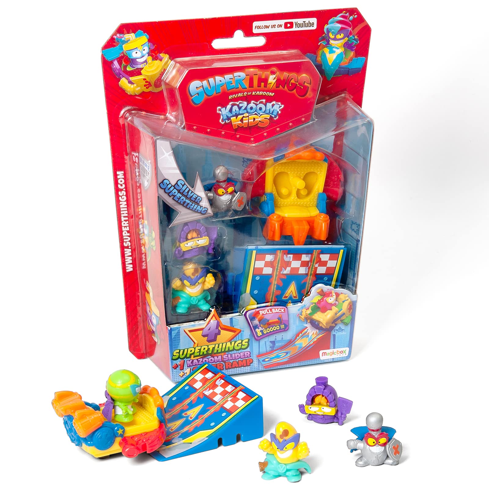 SUPERTHINGS Kazoom Kids – Blister pack with 4 SuperThings (Including 1 silver-coloured captain), 1 Kazoom Slider and 1 Ramp
