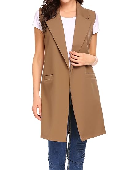 Finejo Damen Winter Herbst Langer Casual Revers Duster Trench Weste Blazer Jacke Mantel Ärmellos mit Seitentasche