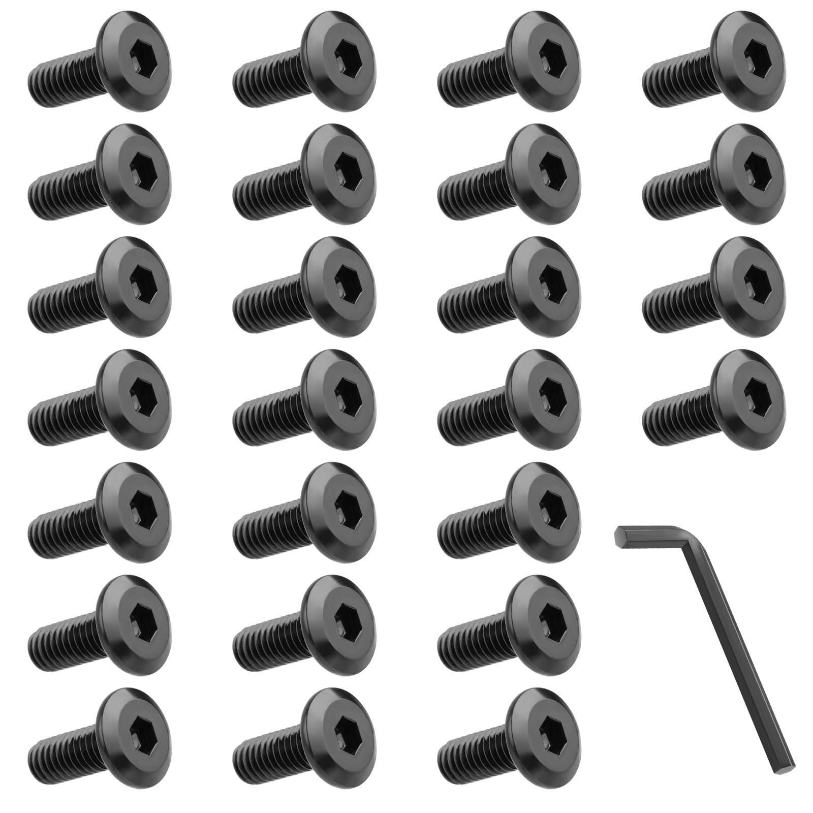 HOTUT 25 Pcs M6 Bolts Set, Black Hexagon Socket Head Cap Screws with Wrench, Stainless Steel Round Head Hex Socket Head Cap Machine Screws, Thread Fastener Hex Bolts, Pan Head Furniture Bike Bolts Set