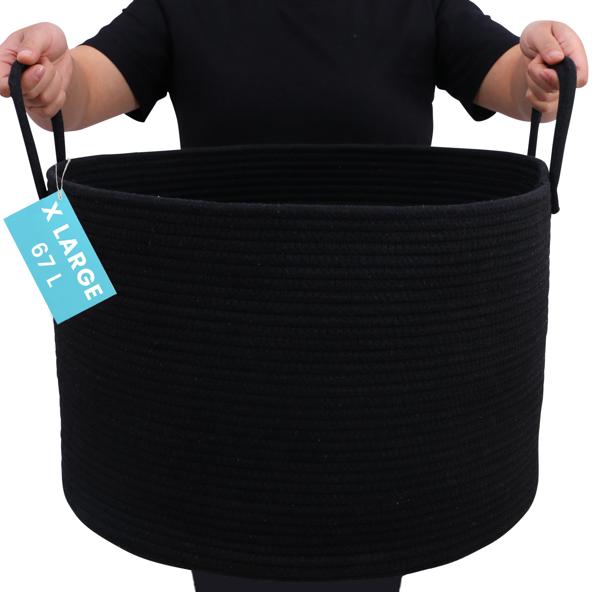 Organihaus Extra Large Rope Toy Basket for Kids Storage, 67L Woven Rope Laundry Bin for Blankets, Dog toys, Clothes - Bedroom, Bathroom and Living Room Hamper, 50x30cm, Black