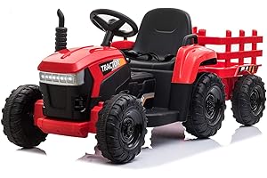 TOBBI 12v Battery-Powered Toy Tractor with Trailer and 35W Dual Motors,3-Gear-Shift Ground Loader Ride On with LED Lights and USB Audio Functions in Red