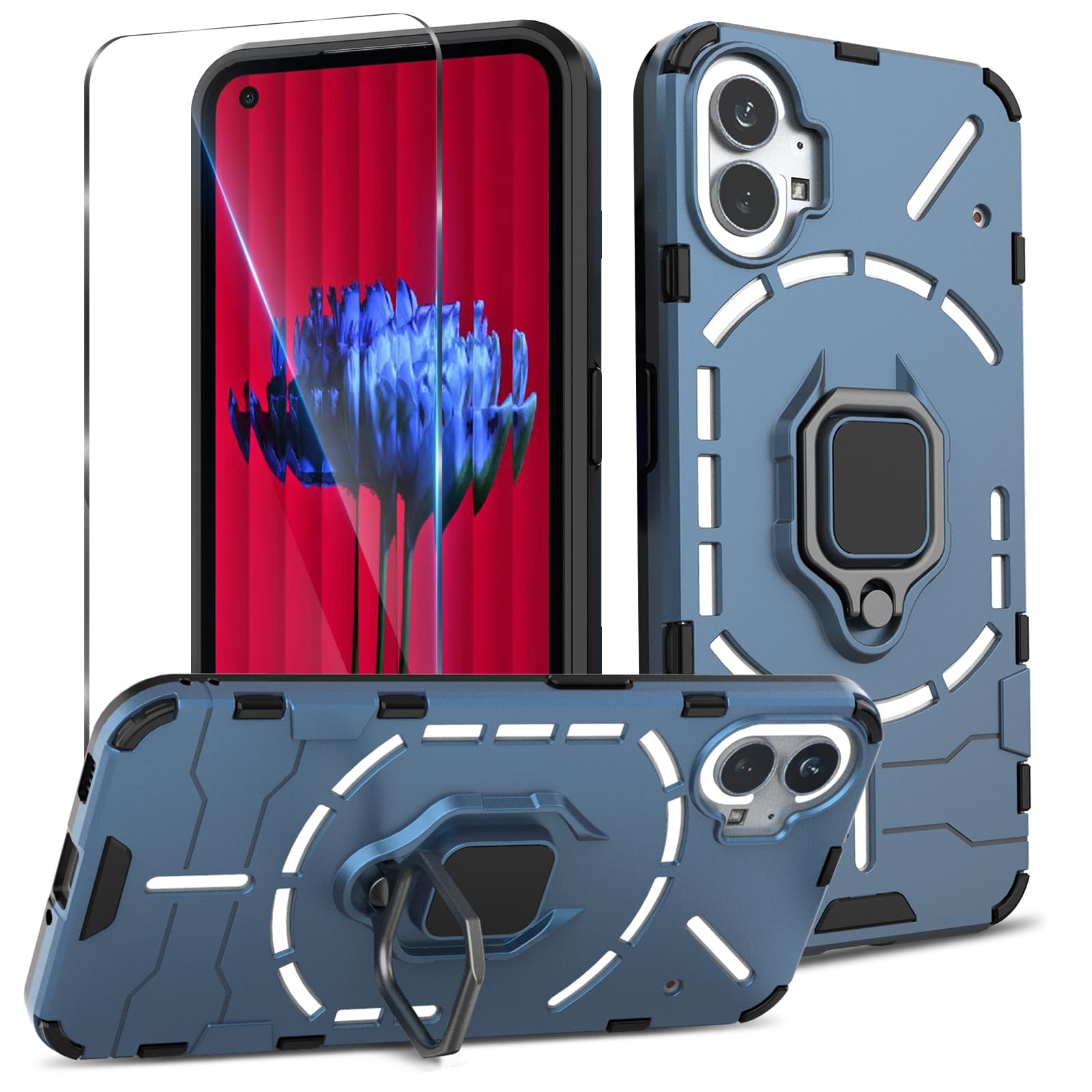 Btstring Case for Nothing Phone 1 and Screen Protector Tempered Glass, Heavy Duty Shockproof Tough Armour Case with Stand Protective Personalised Phone Cover - Blue — image 1
