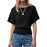 Saodimallsu Womens Boat Neck Summer Tops Batwing Dolman Short Sleeve Trendy Ribbed Knit Cinched Waist Knit Sweater Top
