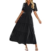 Simplee Womens 2026 Summer Casual Maxi Dress Spring Short Sleeve V Neck Elastic Waist A Line Flowy Beach Long Dresses Pockets