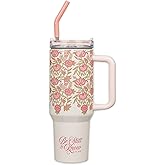 Christian Art Gifts Extra Large Stainless Steel Double Wall Vacuum Insulated Travel Tumbler for Women: Be Still Inspirational Scripture, Lid, Reusable Straw, Wide Handle, White & Pink Floral, 40 oz.