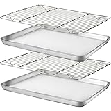 Baking Sheet with Rack Set [2 Sheets+2 Racks], HUSHIDA Stainless Steel Cookie Sheet Pan with Cooling Rack for Oven(16" x 12" 