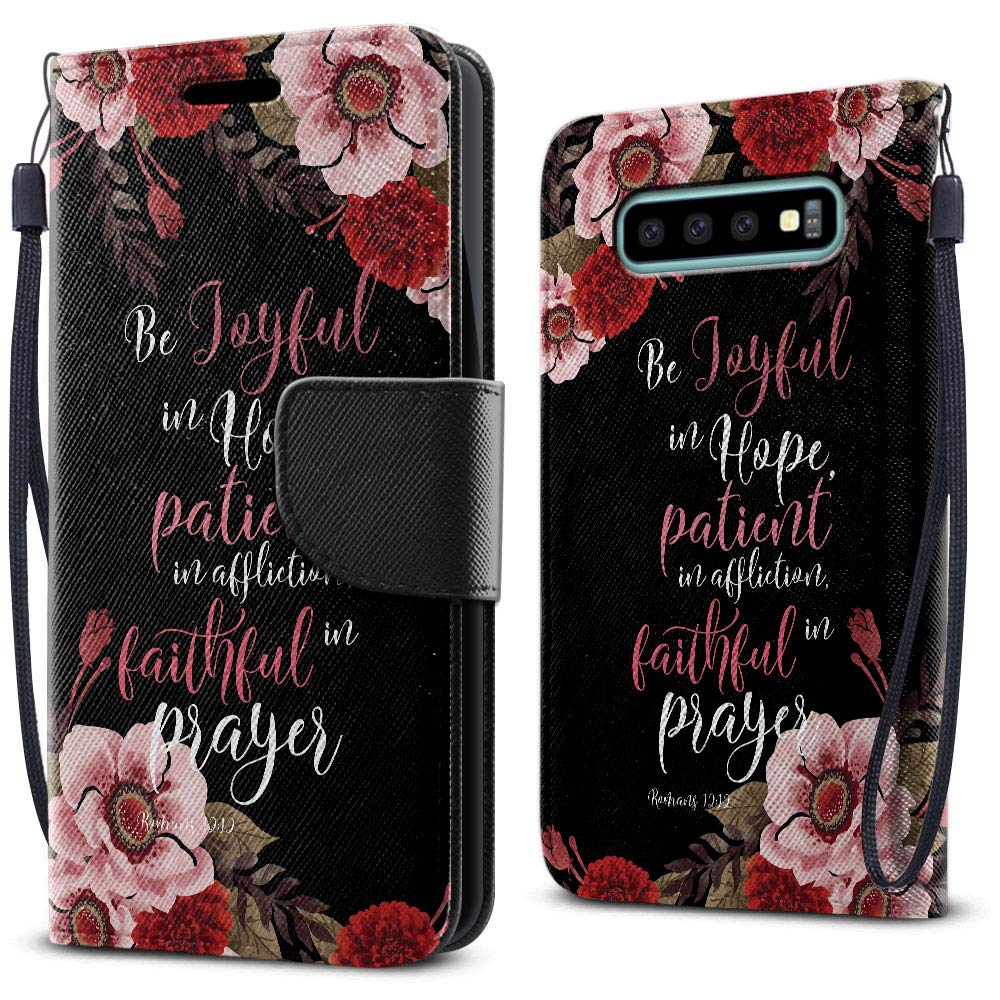 FINCIBO Case Compatible with Samsung Galaxy S10 6.1 inch, Fashionable Flap Wallet Pouch Cover Case + Card Holder Kickstand for Galaxy S10 (NOT FIT S10 Plus) - Christian Bible Romans 12:12