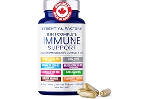 ESSENTIAL FACTORS 8 in 1 Complete Immune Support with Vitamin C 500mg, Vitamin D3 1000 IU, Zinc 30mg, Elderberry, Echinacea, 