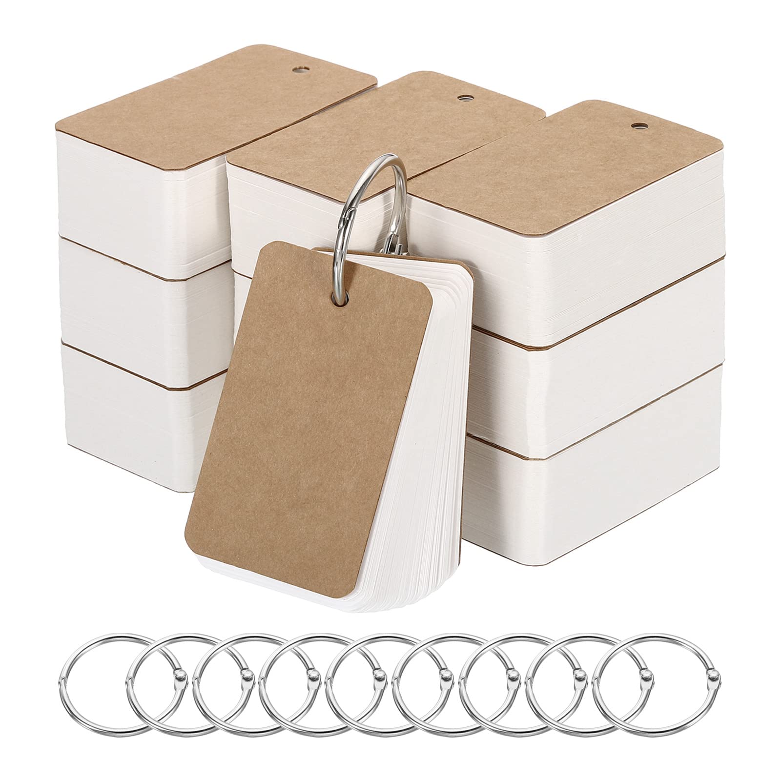 PATIKIL Blank Index Cards with Ring, 1000Pcs Blank Flash Card 2.8x1.6 Study Note Cardstock for Memory Learning Studying Office Supplies, Brown White — image 1