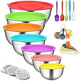 JUJOJB Mixing Bowls With Lids Set,Stainless Steel Mixing Bowls Set With 3 Grater,Metal Nesting Bowls For Kitchen Baking Refrigerator Meal Prep Food Organizer,7 Size(Multicolor)