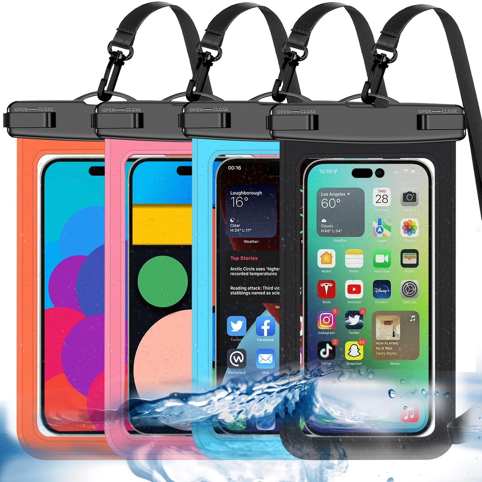 Waterproof Phone Pouch,4 Pack Multicolor Phone Waterproof Case Dry Bag,Protection Level: IP68,Beach Cruise for Apple iPhone,Samsung,and More,Lanyard Included,(Fits Up to 8.3”),Black,Blue,Pink,Orange