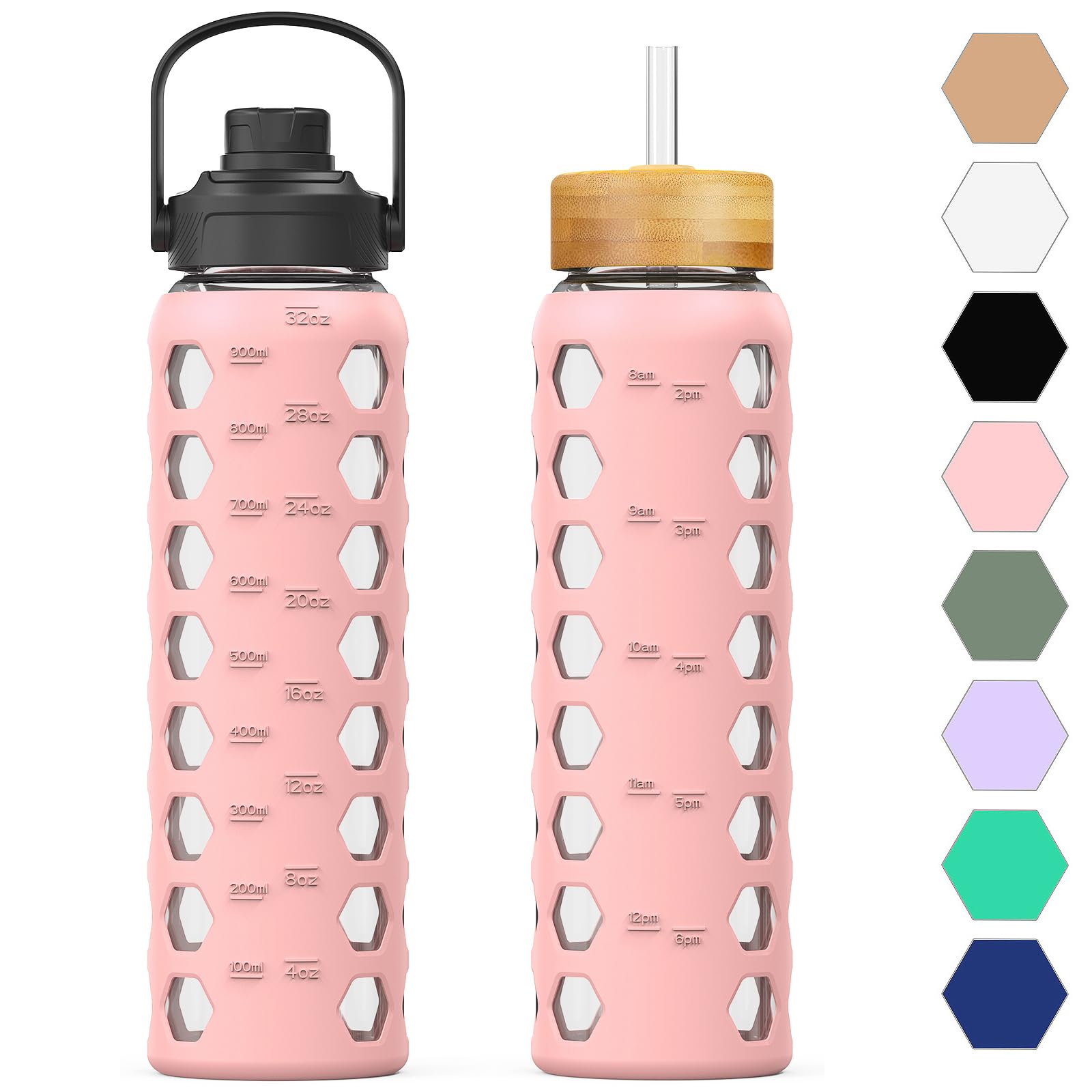 HYDRAGLAZIC 950ML Glass Water Bottle with 2 Flip and Bamboo Straw Lids Sports Water Tumbler with Time Reminder and Silicone Sleeve Leak-proof BPA Free, Pink