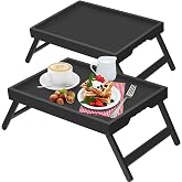 Artmeer FSC 100% Bamboo Bed Trays, Large, 2-Pack, Black | Two large FSC 100% bamboo bed trays with folding legs, handles and raised edges for meals and laptop use.