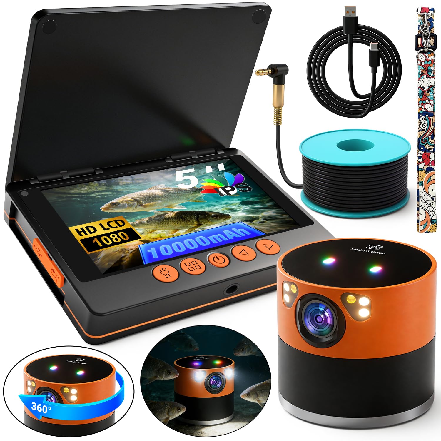 Photo 1 of SXHELECOK Underwater Fishing Camera with 360° Horizontal Rotating Exclusive Anti-Fog Lens & RGB Lure Lights, 5" 1080P 1200TVL IPS Screen, 20MP, 10000mAh, 99ft Cable for Ice, Boat, Nautical Fishing