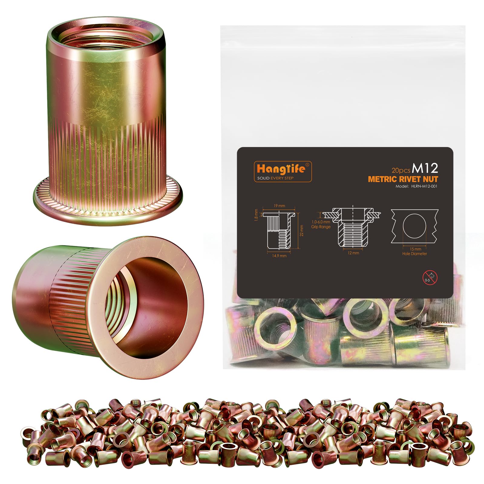 HANGLIFE Rivet Nut, M12 Metric Rivnut - Flat Head Nutserts, Zinc Plated Carbon Steel Knurled Body Threaded Insert Nuts, 20 Pieces