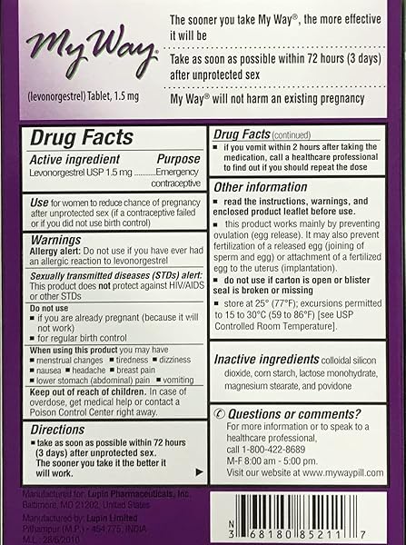 LUPIN MY WAY EMERGENCY CONTRACEPTIVE 1 TABLET EACH (6)