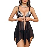 Rigeri Women Lace Lingerie Front Closure Babydoll V Neck Nightwear Sexy Chemise Nightie S-XXL